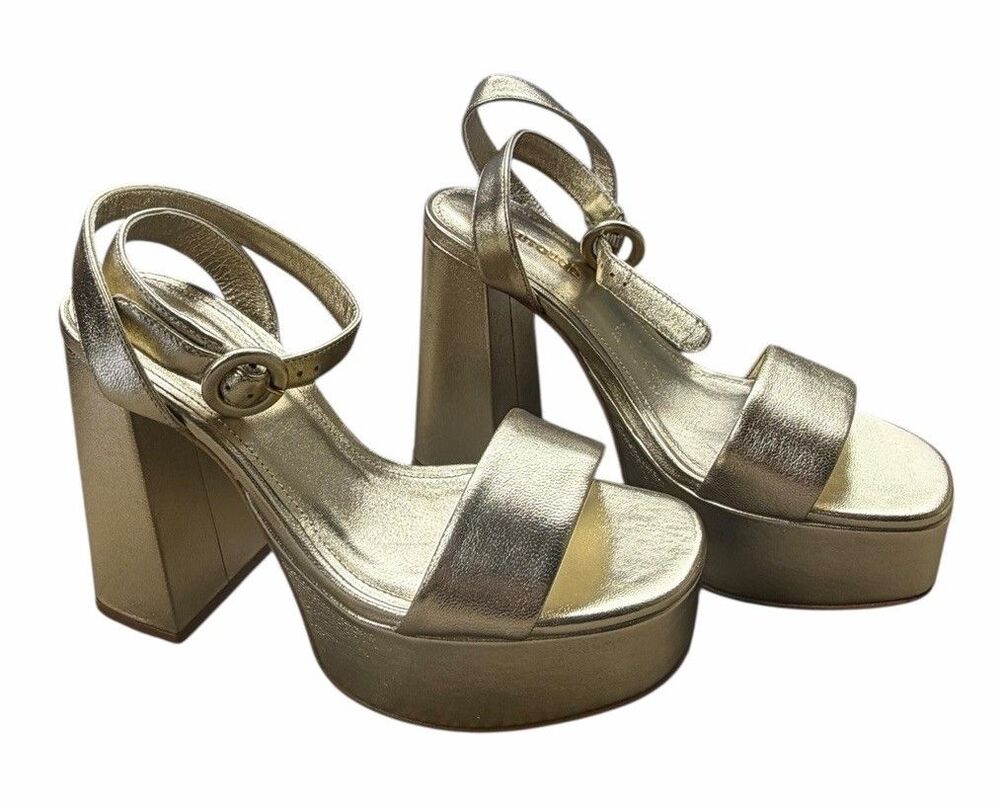 New $375 Larroude DOLLY GOLD Leather Ankle-Strap Platform Sandal Heel Metallic